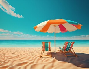 beach umbrella with chairs on beach sand summer vacation concept 3d rendering