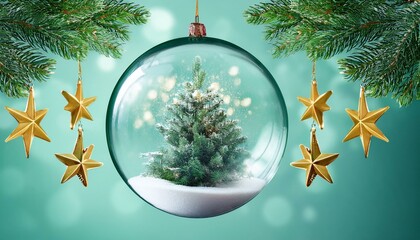 beautiful clear glass ball with christmastree snow pine tree inside christmas decoration hanging green three golden stars in the air branches golden hangers copy space isolated mixed reality