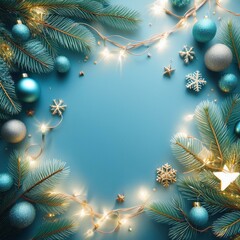 christmas blue light background with xmas sparkling lights garland and christmas tree decoration top view copy space horizontal christmas poster greeting card or banner