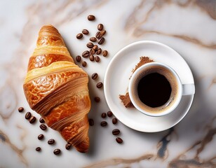 coffee and croissant on marble background