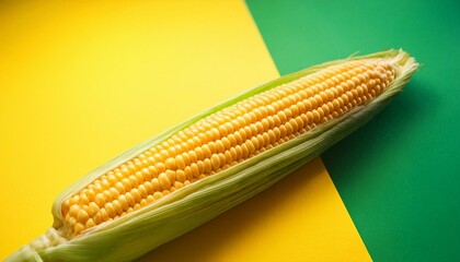 corn cob on yellow and green bright background fresh raw ripe sweetcorn closeup rotation corn on the cob healthy organic vegetarian food close up