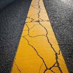 cracked asphalt road with bright yellow parallel lines