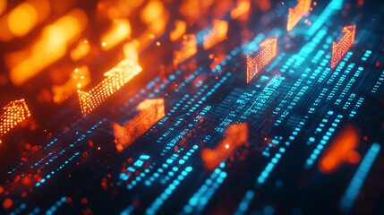Abstract Digital Network with Glowing Arrows and Binary Code