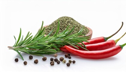 fresh green organic rosemary leaves and peper isolated on white background white background and natural transparent shadow ingredient spice for cooking collection for design