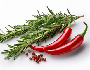 fresh herb rosemary and red chilli pepper isolated on white background white background and natural transparent shadow ingredient spice for cooking collection for design