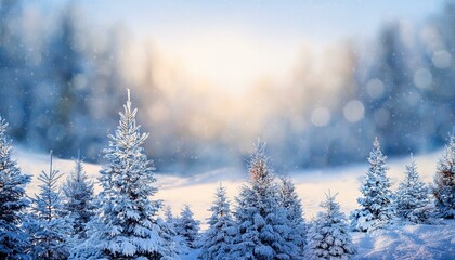 frosty winter landscape in snowy forest christmas background with fir trees and blurred background of winter