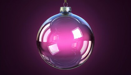glossy transparent glass christmas ball hanging pink glow upright 3d rendering isolated silver fastening