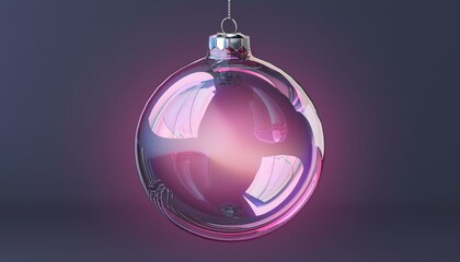 glossy transparent glass christmas ball hanging pink glow upright 3d rendering isolated silver fastening