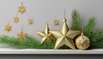 golden christmas star balls snowflakes decoration on pine twigs placed frontal on white shelf isolated placable 3d cad rendering