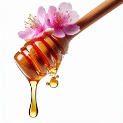 honey dripping pouring on wooden honey dipper isolated on white background close up healthy organic liquid honey dipping from the wooden honey spoon decorated with gaura flowers slow motion