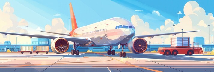 Wall Mural - A large cargo airplane is parked on the runway, with equipment actively loading and unloading cargo in bright weather conditions. Generative AI