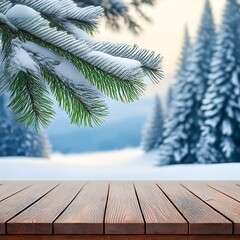 merry christmas and happy new year greeting background with table winter landscape with fir tree branch