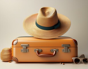 suitcase with travel accessories straw hat sunglasses on white background summer vacation concept 3d rendering