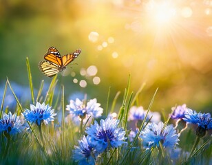 sunny summer nature background with fly butterfly and blue wild flowers in grass with sunlight and bokeh outdoor nature