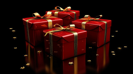 Elegant red gift boxes tied with golden ribbons on a dark background, symbolizing sophisticated holiday gifting.