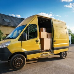 yellow delivery van with rear doors open and cardboard boxes