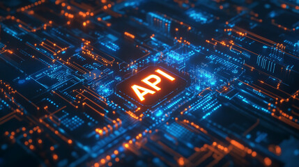 API Concept   Digital Network Circuit Board with Glowing Lines
