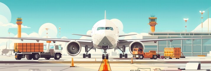 Wall Mural - A cargo airplane is positioned on the runway, with loading and unloading equipment actively engaged around it. Generative AI