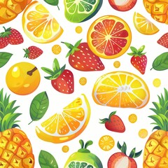 Aufkleber - A vibrant arrangement of assorted fruits including strawberries, oranges, lemons, and pineapples on a white backdrop. Generative AI