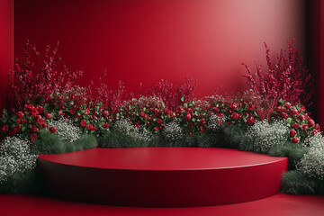 Vibrant floral display on a red pedestal in a modern setting with lush greenery during an artistic exhibition setup