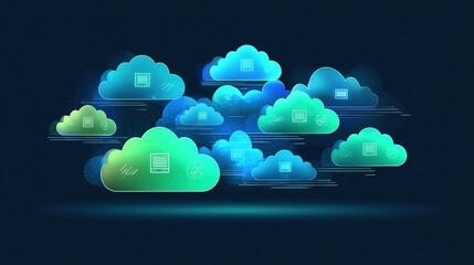 Vibrant digital clouds representing data storage and technology in a seamless blue background with abstract elements