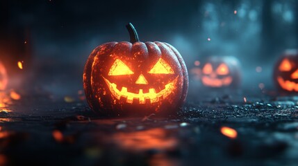 A lit jack-o'-lantern with a menacing grin sits in the foreground with two others in the background, all illuminated by flickering flames in the smoke-filled air.