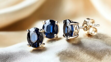 Elegant gold and sapphire stud earrings displayed on a silky surface, showcasing a luxurious and sophisticated jewelry design.