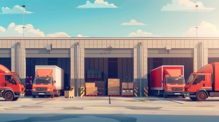 Aufkleber - Trucks and vans are parked at a warehouse loading dock during the day, preparing for shipment and logistics operations. Generative AI