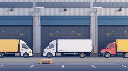 Aufkleber - Several trucks and vans are parked neatly at a warehouse, prepared for loading goods to support daily logistics operations. Generative AI