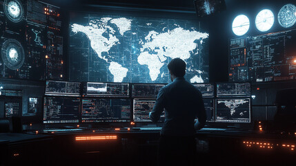 Hacker in Dark Room with World Map and Monitors