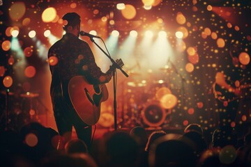 Aufkleber - Energetic musicians perform on stage as bright lights illuminate the venue, creating an enthusiastic atmosphere among the crowd. Generative AI