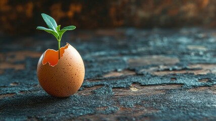 Young plant sprouting from eggshell on rough surface