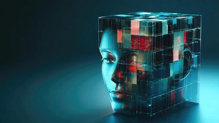 Wall Mural - abstract digital art of 3d human head blended with cubic grid pattern futuristic and technological