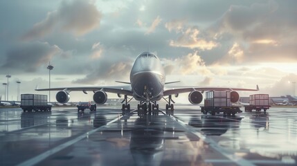 Aufkleber - A cargo airplane is positioned on the runway, ready for loading and unloading operations amidst cloudy skies and airport equipment. Generative AI