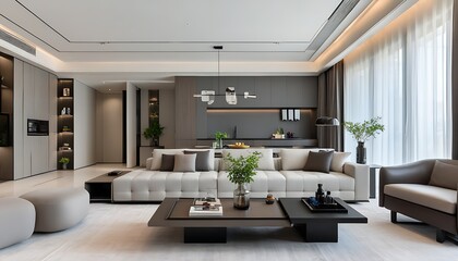 Modern and simple living room design with natural light integration, elegant layout showcasing lifestyle aesthetics.