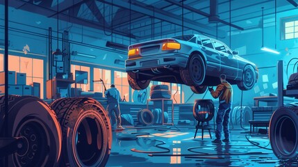 Aufkleber - A mechanic lifts a car to change its tires in a well-equipped workshop filled with tools and other vehicles during the evening. Generative AI