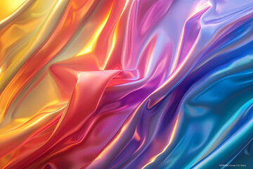 A vibrant swirl of multicolored silk fabric, blending hues of red, orange, purple, and blue in a dynamic flow.