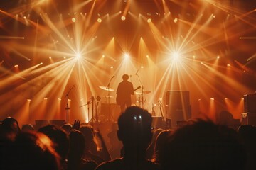 Aufkleber - Musicians perform on stage with bright lights illuminating the night as an excited crowd enjoys the electrifying concert atmosphere. Generative AI