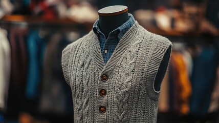 Mannequin dressed in grey knitted vest over denim shirt with blurred clothing background