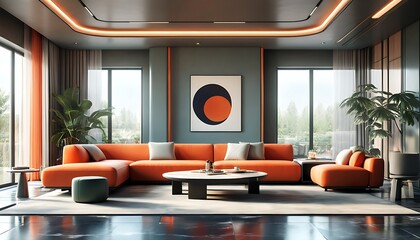 Inspiration for modern living room design, showcase of orange sofa and floor-to-ceiling windows in stylish home decor