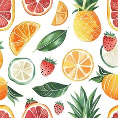 Poster - A vibrant arrangement of various fruits including pineapples, strawberries, oranges, and lemons set against a light backdrop with green leaves. Generative AI