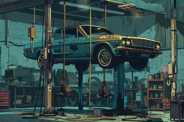 Poster - A mechanic is diligently working under a vintage car raised high on a hoist in a bustling garage environment, with tools nearby. Generative AI