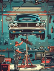 Poster - A skilled mechanic is focused on fixing a classic car lifted on a hoist in a busy garage, surrounded by tools and equipment. Generative AI