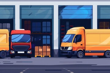 Poster - Several trucks and vans are positioned at a warehouse, awaiting loading with goods and cargo for distribution. Generative AI