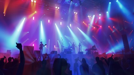 Aufkleber - Musicians perform on stage amidst colorful lights while an enthusiastic crowd cheers and dances, creating an electrifying atmosphere. Generative AI