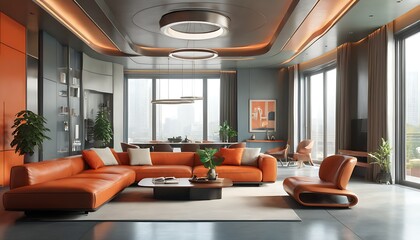 Inspiration for modern living room design, showcase of orange sofa and floor-to-ceiling windows in stylish home decor