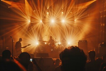 Poster - Musicians perform on stage as bright lights illuminate the venue, engaging a lively audience immersed in the music. Generative AI