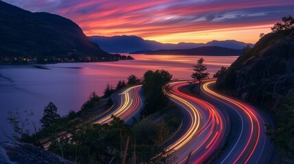 As the sun sets on the horizon the roads along the lake become a canvas for swirling car light trails.