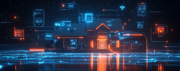 Aufkleber - A futuristic smart home network with a house circuit linked to IoT icons, demonstrating remote control and monitoring functions