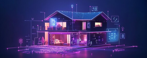 Aufkleber - A futuristic smart home network with a house circuit linked to IoT icons, demonstrating remote control and monitoring functions